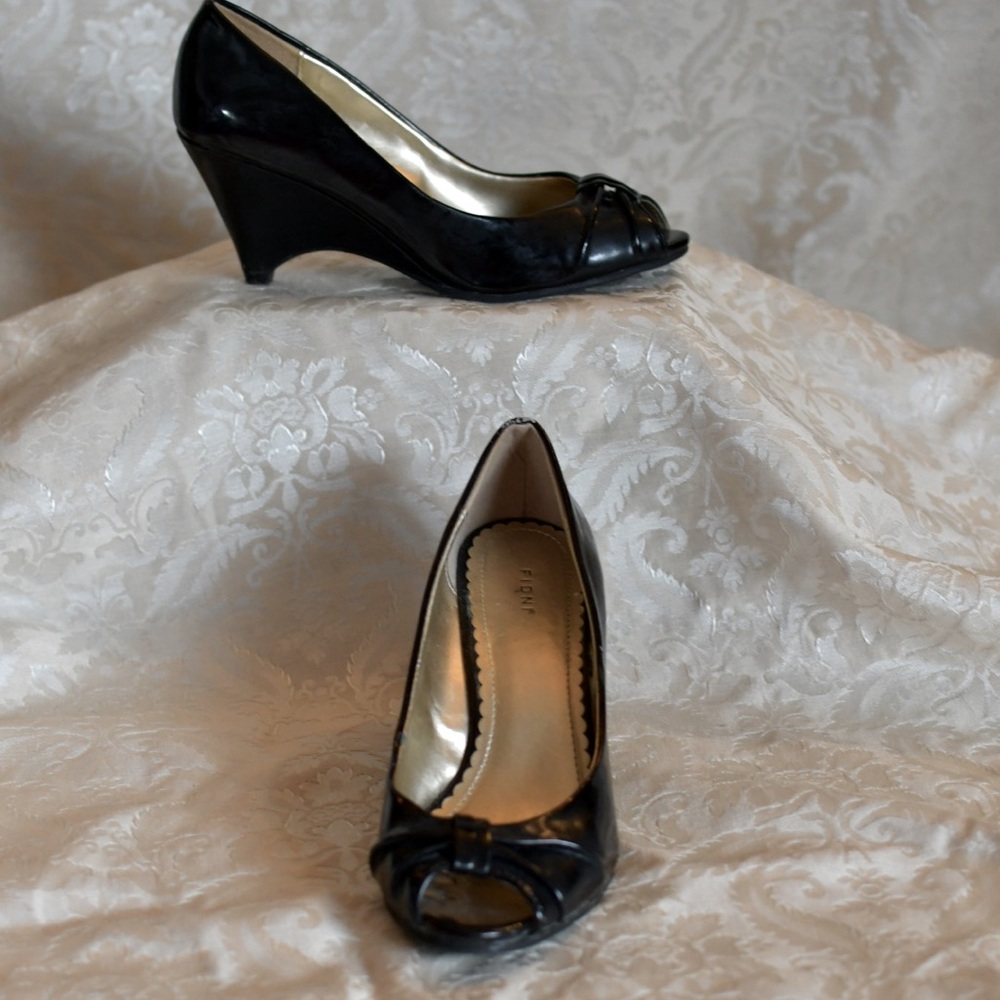 Black Fioni Peep Toe Wedges